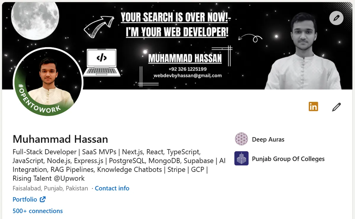 Muhammad Hassan's LinkedIn profile — Full-Stack Developer, Faisalabad, Pakistan, 3K+ followers